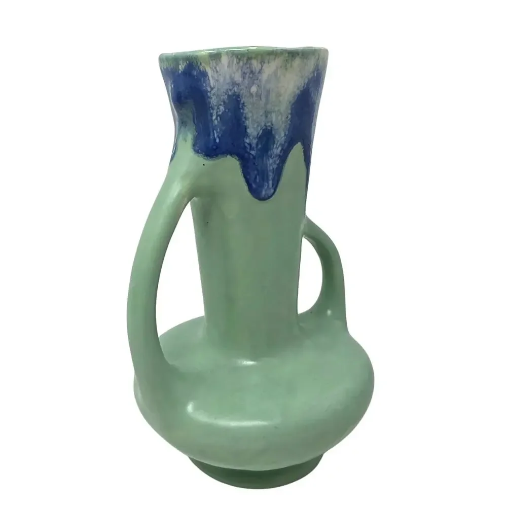 Vintage Double Handle Vase Mint Green Blue Drip Glaze Art Pottery 6.5
